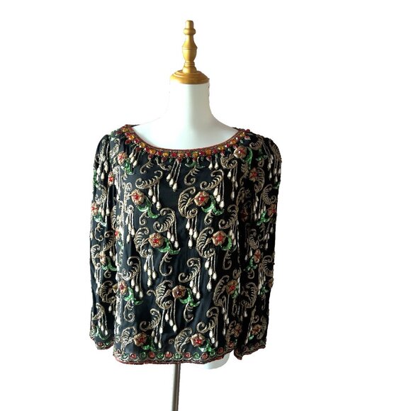 ART DECO Sz S/M Beaded Blouse Concetta Rafanello St. Martin Sequin GLAMOROUS - Picture 2 of 16